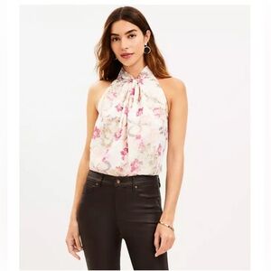 LOFT Shimmer Floral Twist Halter Top in Whisper White with Pink Floral